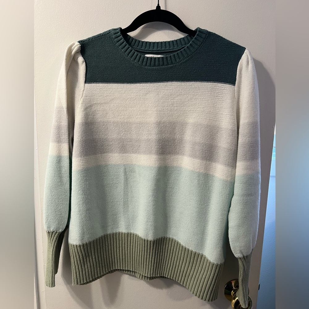 Nine West Colorblock Crewneck Sweater in Dark Teal, Seafoam, Ivory, Sage